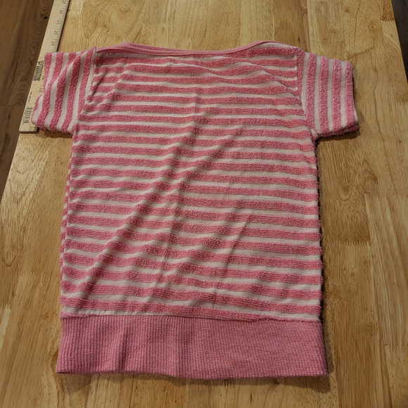Vintage Pink Striped Terry Cloth Top Cap Sleeve Elastic Waist 15" Pit 2 Pit - Picture 1 of 5